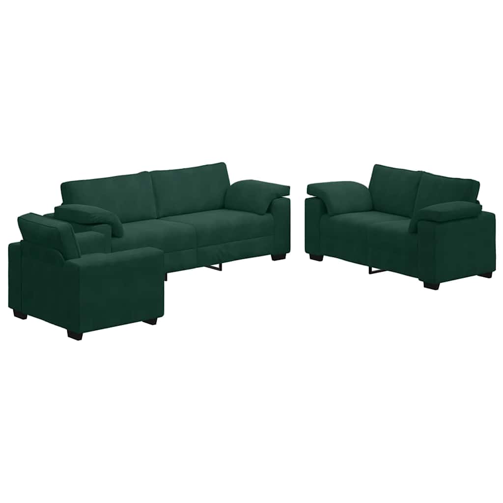 3 Piece Sofa Set with Cushions Dark Green Velvet