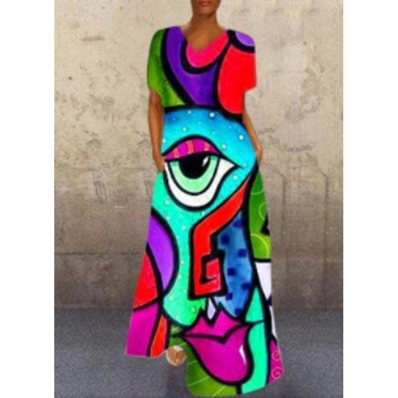 

Vintage Printed Dress New European and American Retro Portrait Cat Print V-neck Four-Sided Elastic Dress Big eyes (blue) 5XL