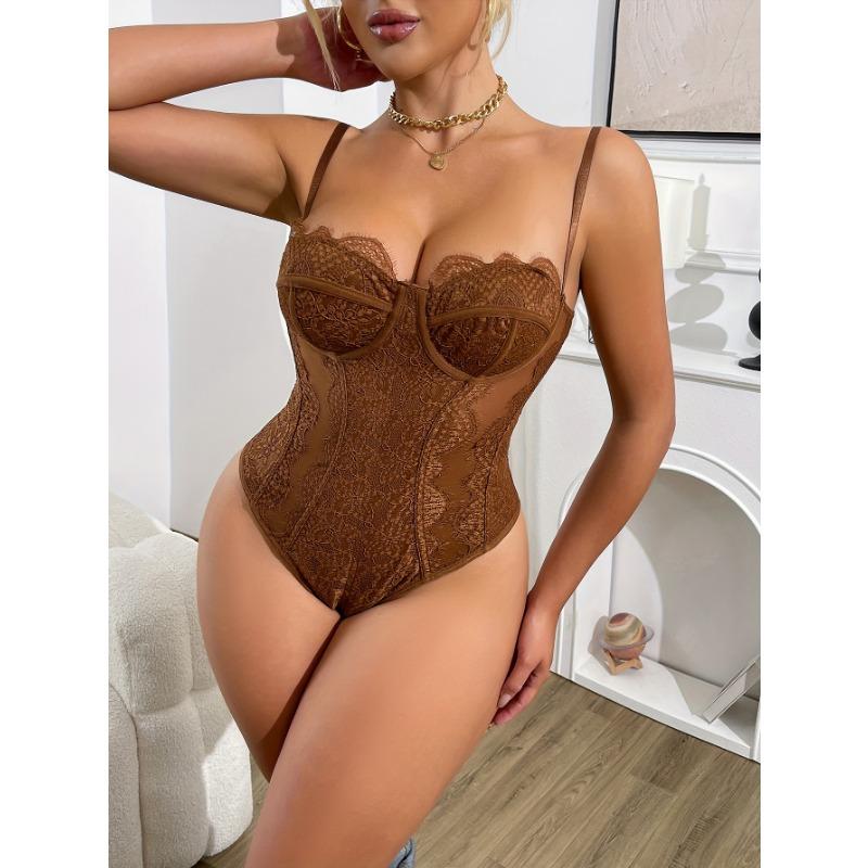 Женский сексуальный кружевной боди с V-образным вырезом и вырезами. Легкий, дышащий, без наполнителя. Идеально подходит для сна или повседневной носки. S коричневый