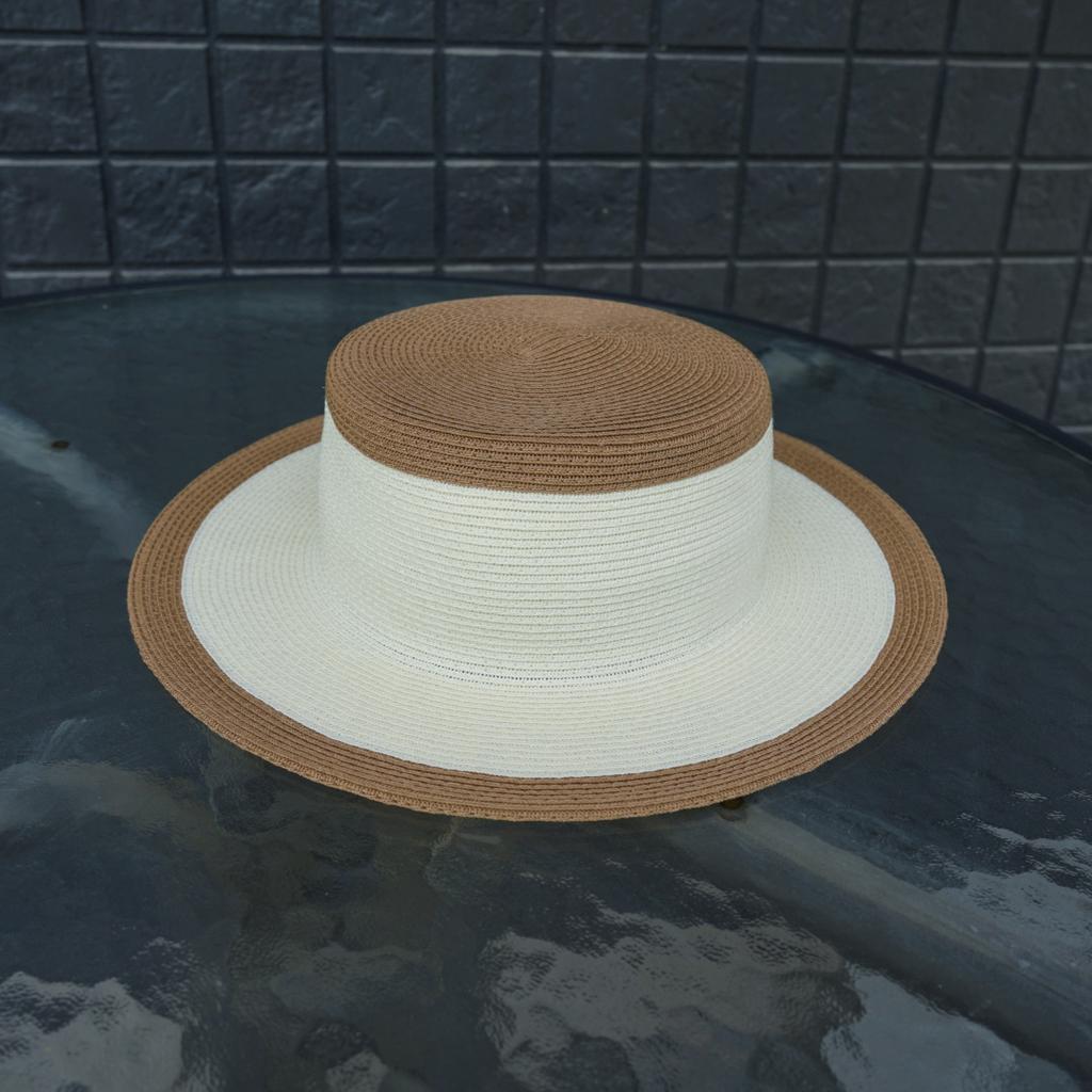 French Retro White Khaki Flat Top Top Hat Women'S Summer Sunshade Vacation Beach Outing Straw Hat Wide Brim Contrasting Colors