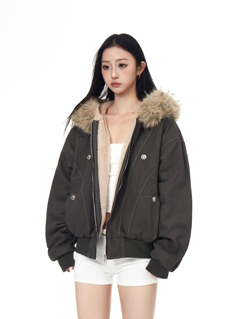 Unisex Retro Patchwork Pelzkragen Kapuzen Baumwolljacke – Winterdesign, Kurzmantel mit Fleecefutter.