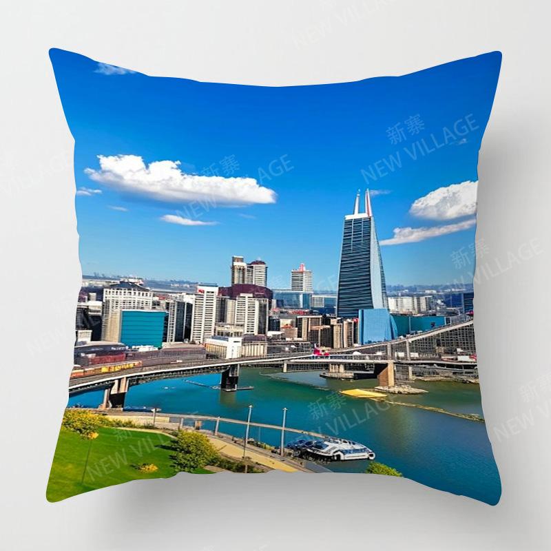 Four Seasons Universal Short Plush Pillow Case Living Room Bedroom Landscape Illustration Architectural Pattern Cushion Cover
