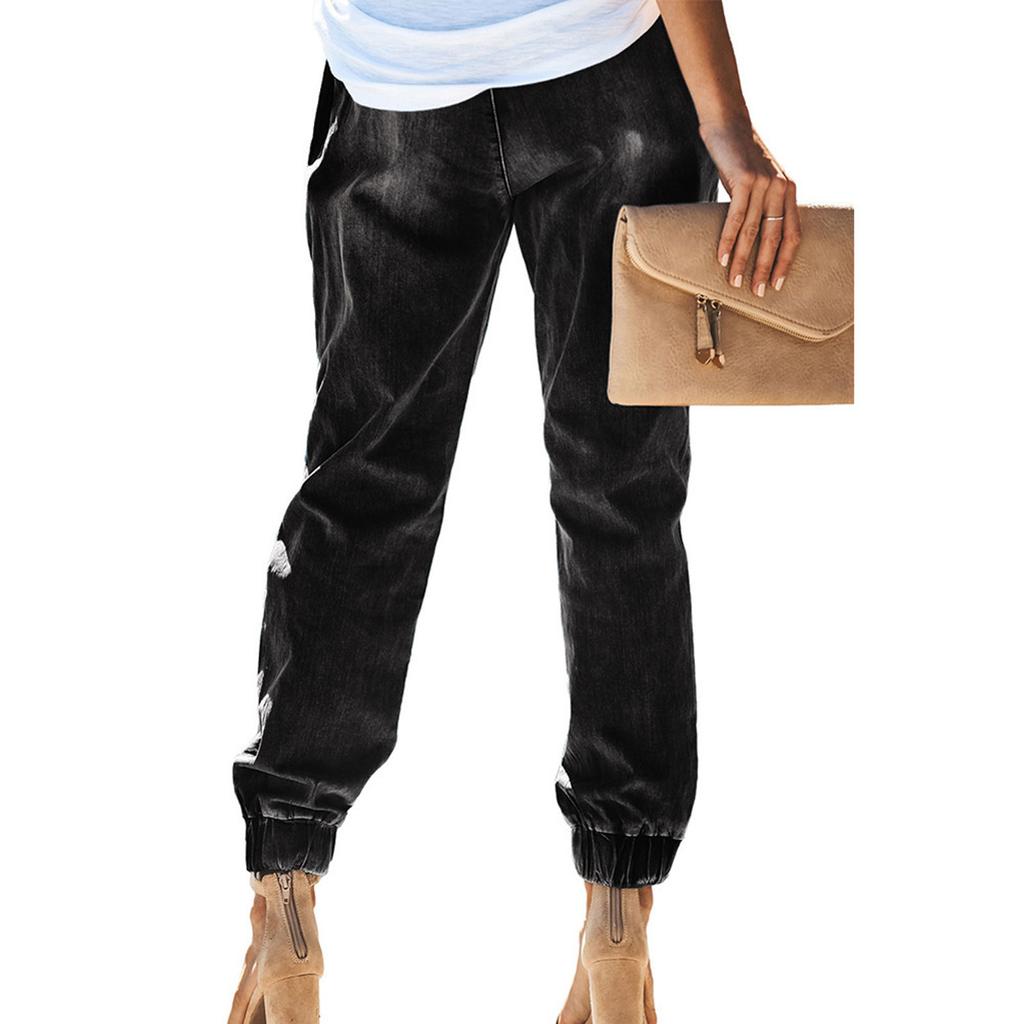Dames Gescheurde Jeans Trekkoord Elastische Taille Gewassen Casual Broek Denim Broek