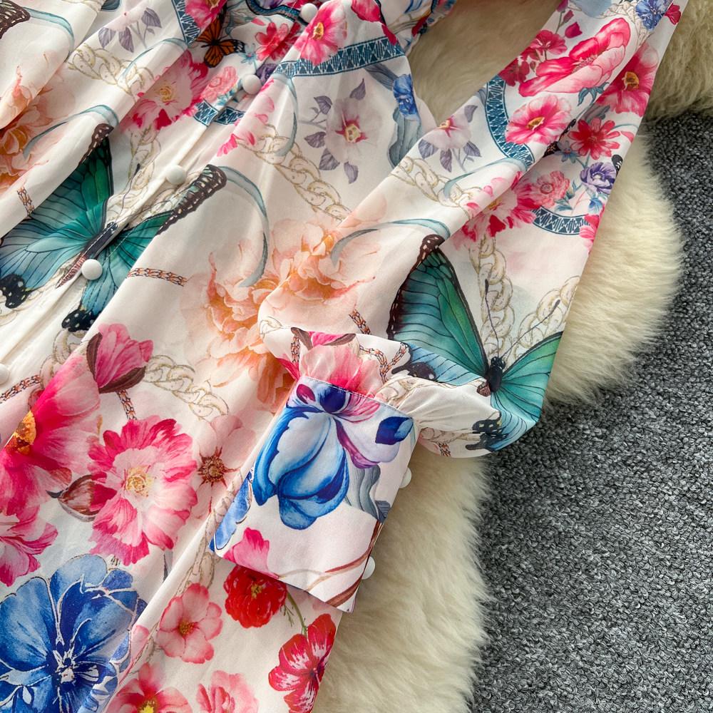 Palace Floral Maxi Dress Women Summer Holiday Chiffon Long Dresses Shirt 2026 Spring Long Sleeve Single Breasted Party Dress