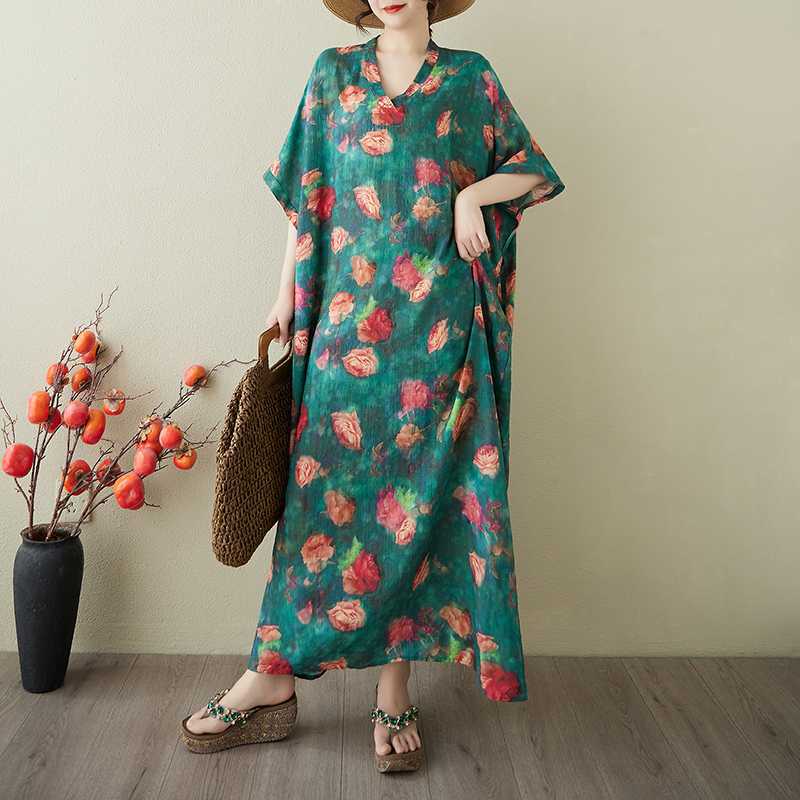 Women's Vintage Long Dress with Cotton and Linen Patterns
