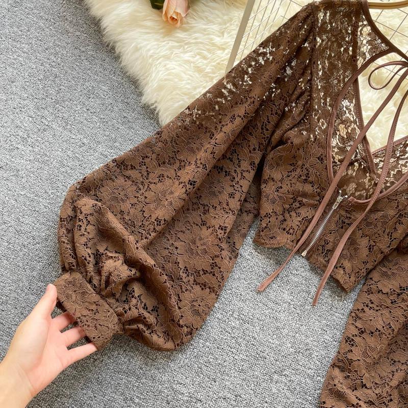 Lace Up Backless Slimming Short Style See Through Hook Flower Lace Shirt Autumn Outfit New Korean Style Stylish Small Shirt Versatile Top for Women