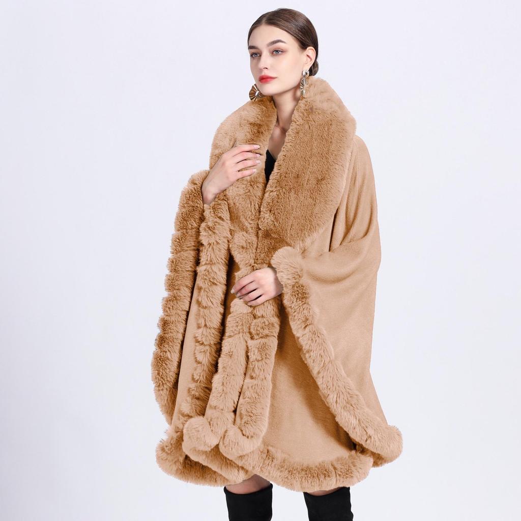 Women's Imitation Rex Rabbit Fur Collar Shawl Cape - Large Size, Knitted Loose Fit Cardigan for Autumn and Winter