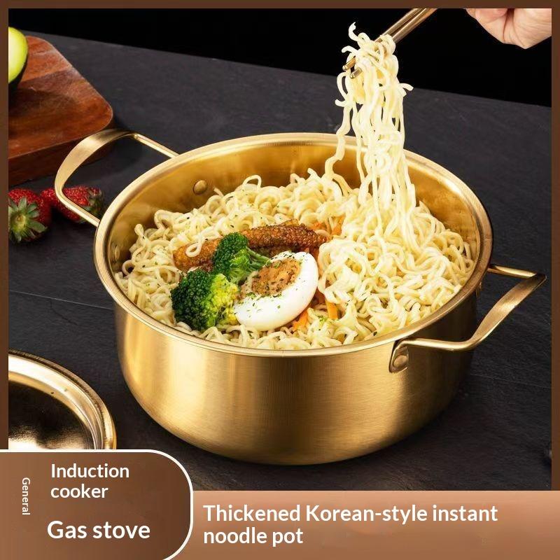 Korean Style Ramen Pot Stainless Steel With Lid Soup Pot Gold Plated Double Ear Hot Pot Camping Cookware