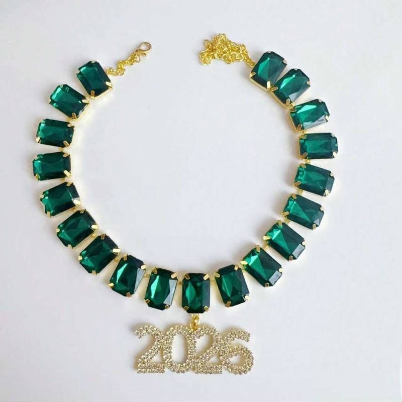 Hip Hop Number Pendant Necklace With Rhinestone Decoration For Hip Hop Style Jewelry GreenGold