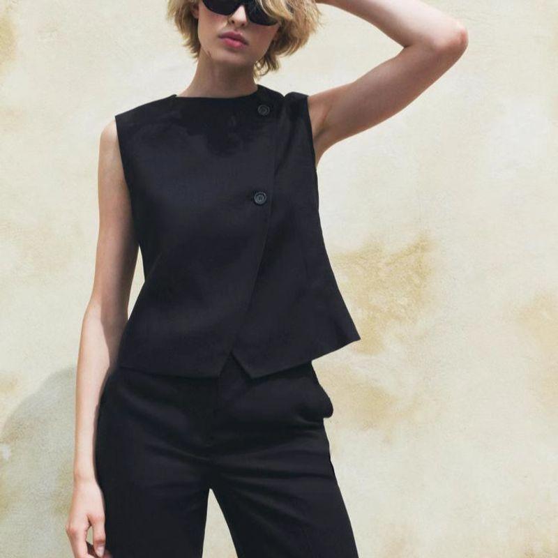 Spring New Product Set Women's Black Double Breasted Vest 8843298 Straight-leg Long Casual Shorts 8960298