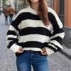 Autumn and Winter Fashion New Sweater Round Neck Contrasting Stripes Casual Retro Lazy Style Pullover 3565