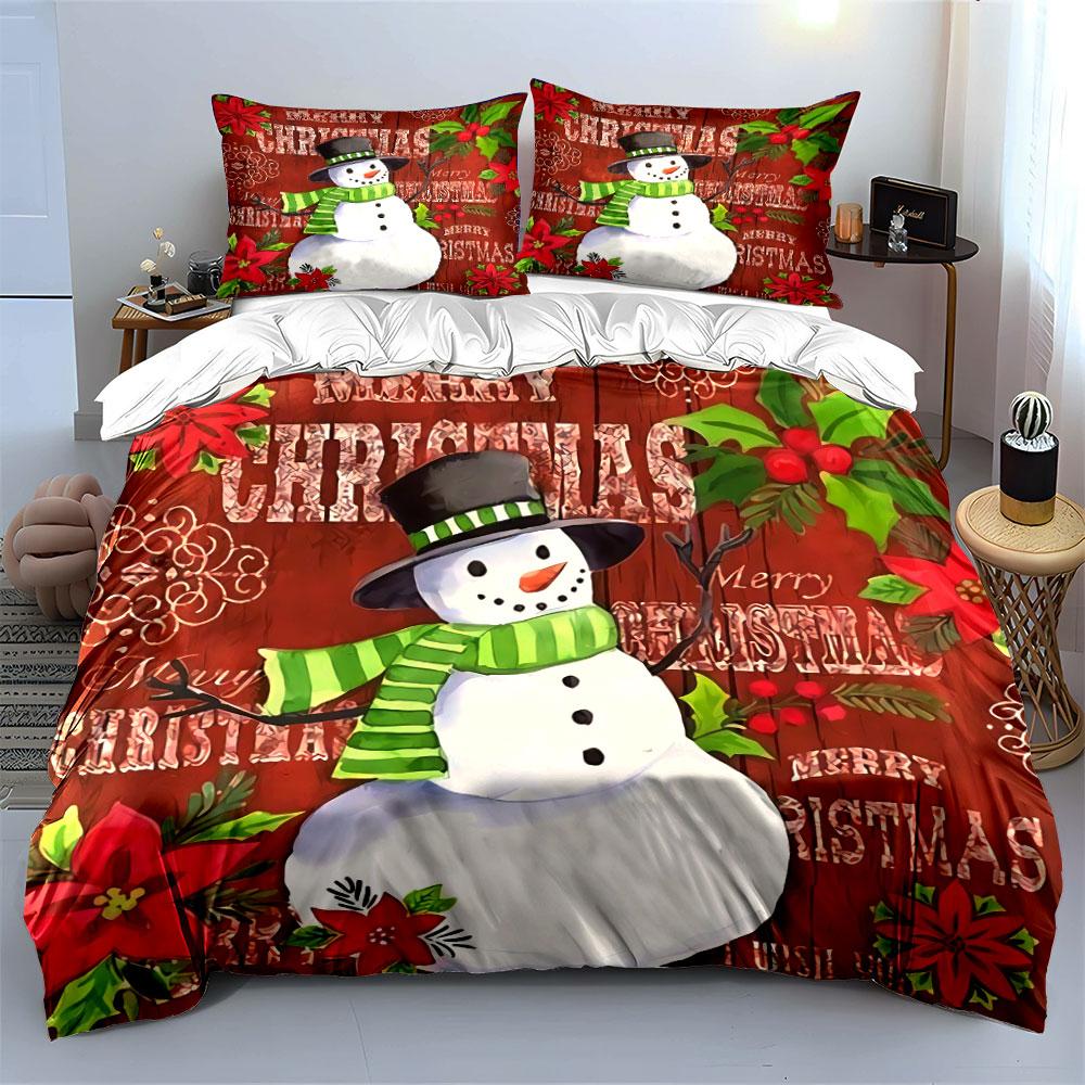 Snowman and Christmas Flowers Bedding Duvet Cover Set Duvet Cover Pillowcases (1*Duvet Cover 2*Pillowcases, Without Duvet Insert)