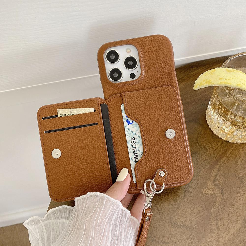 For iPhone 15 Pro Case Card Slots Kickstand PU Leather+PET Phone Cover with Wrist Strap