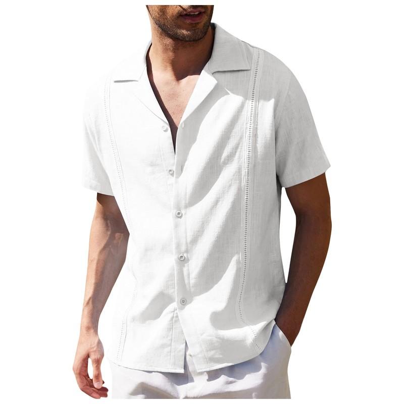 Mens Linen Style Short Sleeve Solid Shirts Casual Fit Formal Dress Top Tee Shirt
