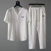 2024 Men's Chinese Style Embroidered Summer Sports Suit, V-Neck, Slim Casual Two-Piece