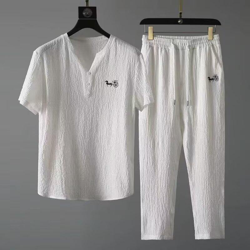 2024 Men's Chinese Style Embroidered Summer Sports Suit, V-Neck, Slim Casual Two-Piece