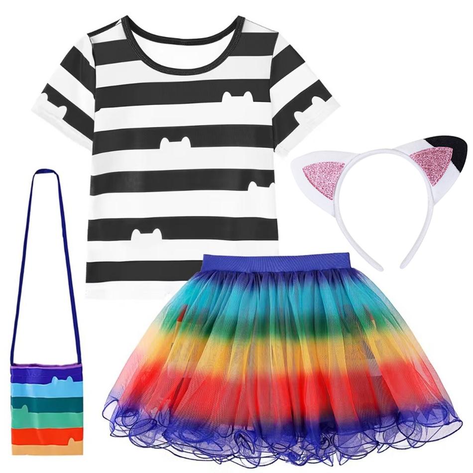 Gyerekeknek Gabby Játékház Cosplay Csíkos Póló Szivárvány Szoknya Táska Szettek Lányok Karnevál Születésnapi Party Ruházat Gyerekek Felsők 120cm black
