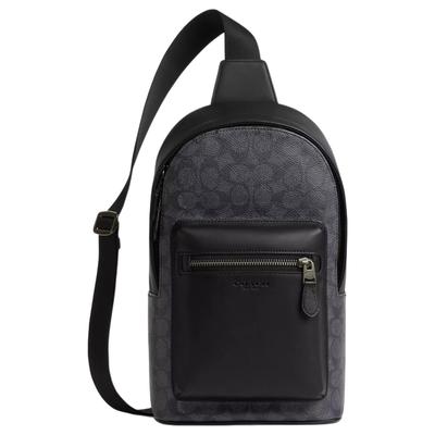 Coach West Pack 20 Borsa a tracolla/petto in tela rivestita con chiusura a zip e logo in metallo Piccola borsa da uomo Nero Carbone CV924-QBMI5