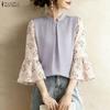 ZANZEA Women Casual Floral Print Splice 3/4 Sleeve Loose Blouse