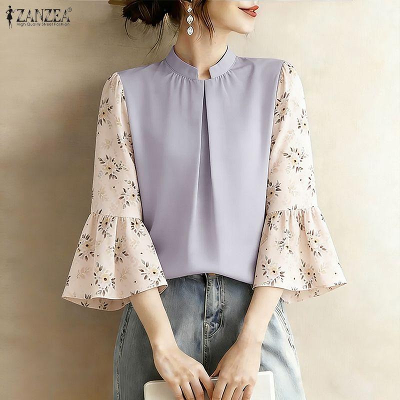 ZANZEA Women Casual Floral Print Splice 3/4 Sleeve Loose Blouse