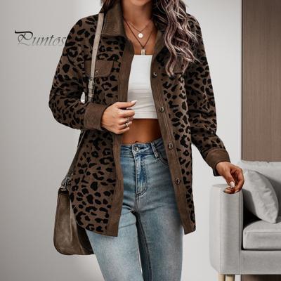 Women Spring Fall Coat Fake Chest Pocket Turn-down Collar Single-breasted Leopard Print Long Sleeves Mid Length Daily Wear Jacket