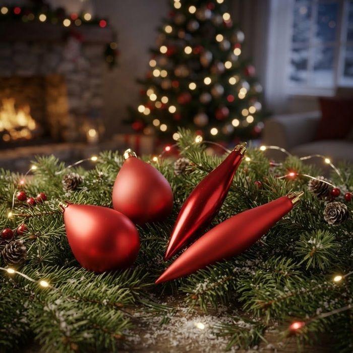 4 boules de sapin de noel olive et glacon rouge