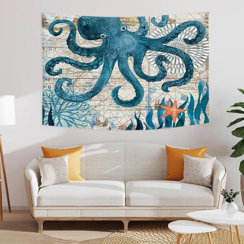 Undersea World Tapestry Blue Whale Octopus Seahorse Printed Pattern Tapestry Wall Hanging Tapestries for Bedroom Dorm Decor