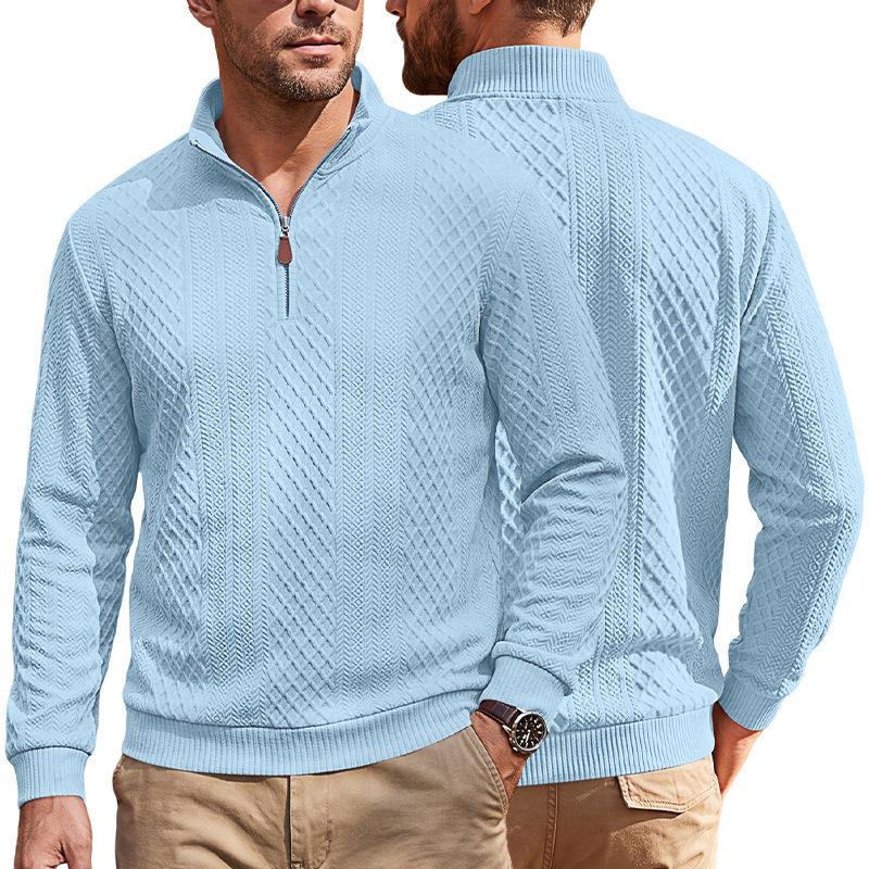 Men's Vintage Diamond Textured Half Zip Pullover Sweatshirt Long Sleeve Polo Collar Casual Top with Leather Zipper Pull Black