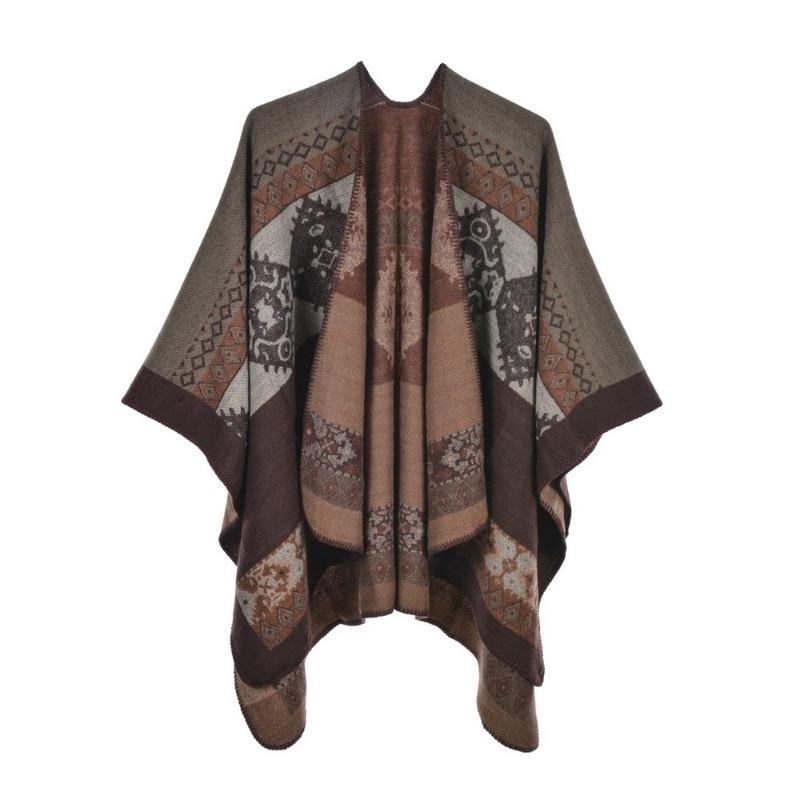Women's Cape Shawl Autumn and Winter Retro Split Fork Warm Imitation Cashmere Scarf Cape