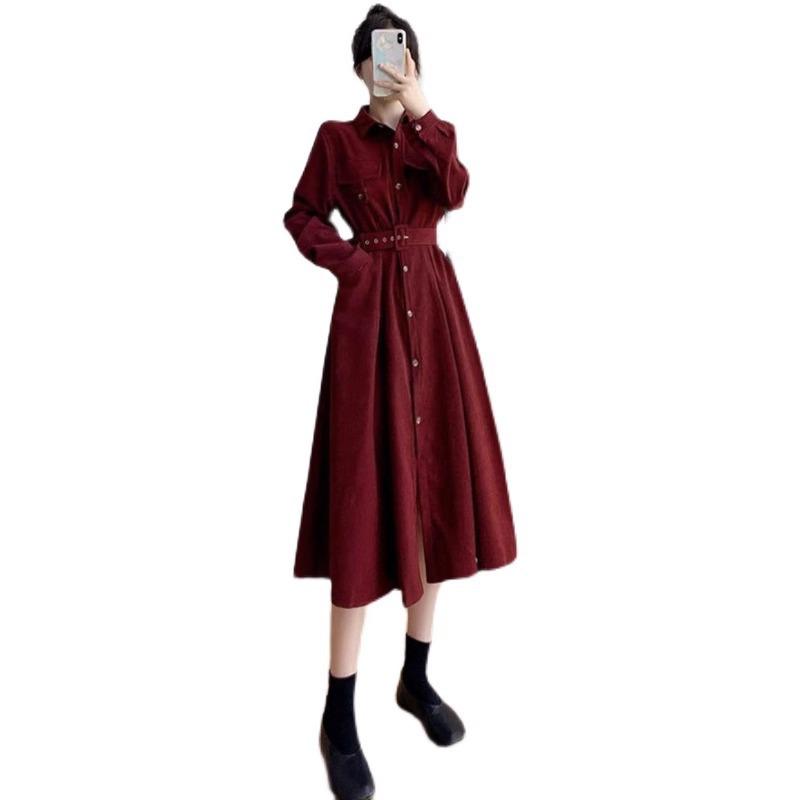 Campanula Print Slimming Over-the-Knee French Shirt Dress with Cinched Waist (Autumn/Winter)