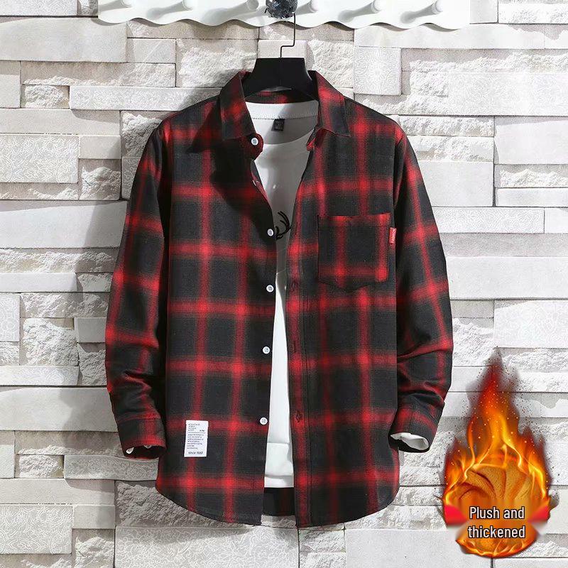 Men's Slim-Fit Fleece-Lined Plaid Button-Down Shirt - Korean Style Warm Casual Top