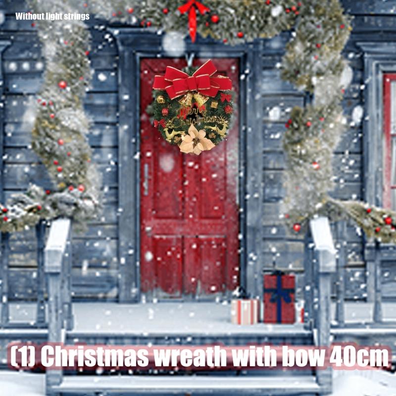 40cm Christmas Wreath with Big Bowknot Holiday Wreath Hanging Decoration for Door Mantels Wall Festival Celebration