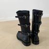 Cowhide Version~ Korean Version Thick Heel Pleated High Boots Women's 25 New Folded Three-wear Outdoor Locomotive Knight Boots Long Boots