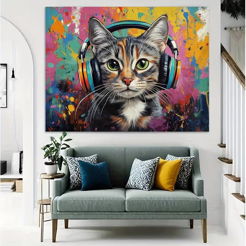 Hip Hop Cat 2D Backdrop, Colorful Graffiti & Music Photo Background