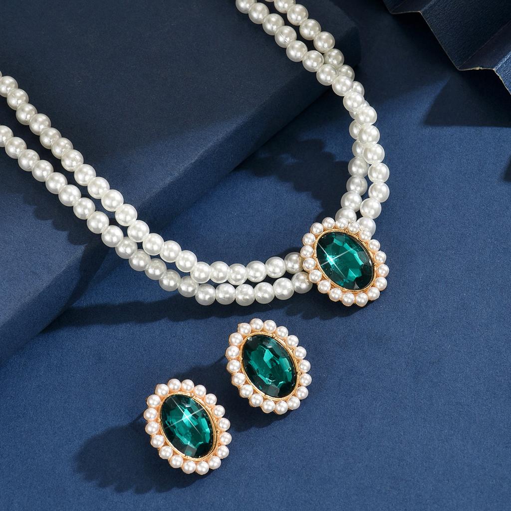 3PC Women's Fashion Imitation Pearl Geometric Set Necklace Earrings Zircon Set Lightly Designed Holiday Gift