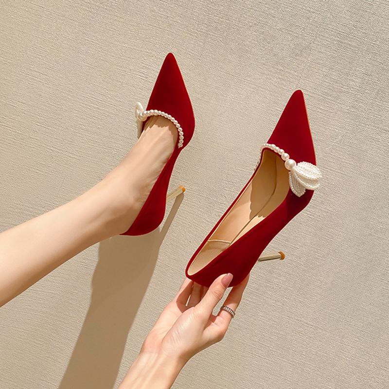 Red Thin Heel Single Shoes Pearl Stiletto Pointed Toe Suede Slip On Silk Women Soft Beaded Pumps Bride Satin High Heels