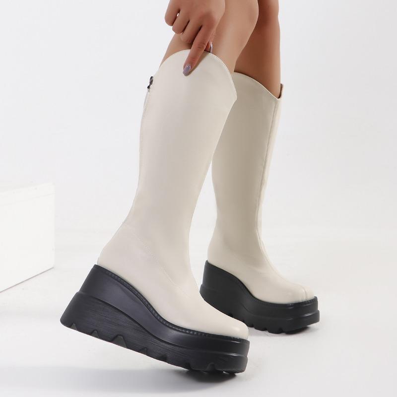 

Новый рот высокий голенище узкие ботинки женские высокие ботинки толстая подошва см~ см рыцарские ботинки 36