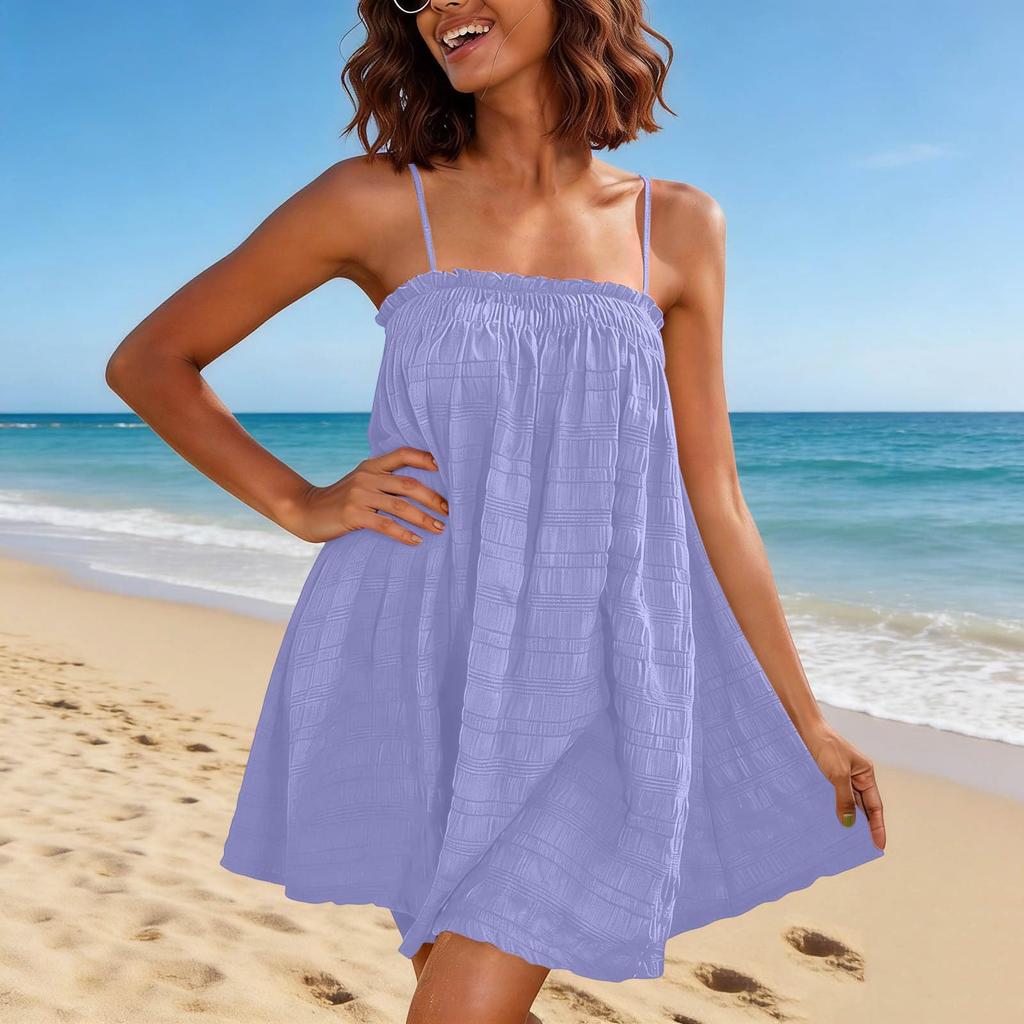 Women Sleeveless Loose Fit A-Line Mini Dress with Spaghetti Straps and Pockets Lightweight Summer Casual Dress