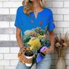 Women Blue Ocean Coconut Palm Beach Print Short Sleeve V Neck Blouse
