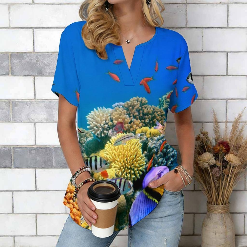 Women Blue Ocean Coconut Palm Beach Print Short Sleeve V Neck Blouse
