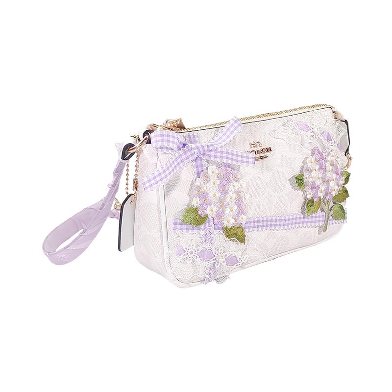 COACH shoulder bag [Customized bag] Nolita 19 Metal brand logo zipper Embroidered patch pendant crossbody New Chinese style sweet Purple mist flower