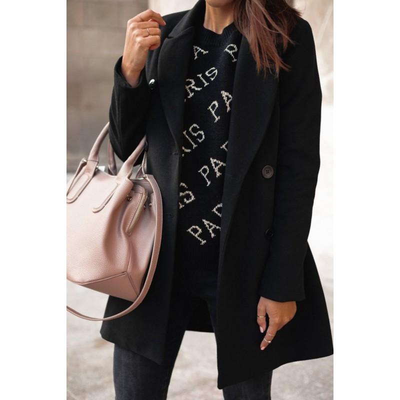 Womens Solid Color Long Sleeve Double-Breasted Wool Blend Coat With Notched Lapel Slim Fit Mid-Length Winter Outerwear