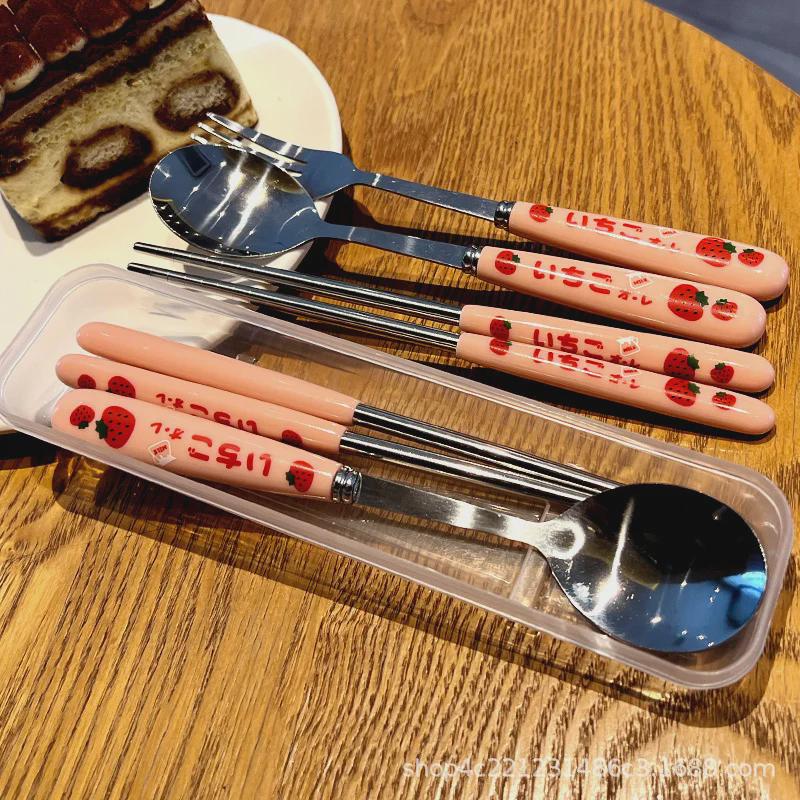 Strawberry-Themed Student Tableware Set: Cute Spoon, Fork, and Chopsticks.