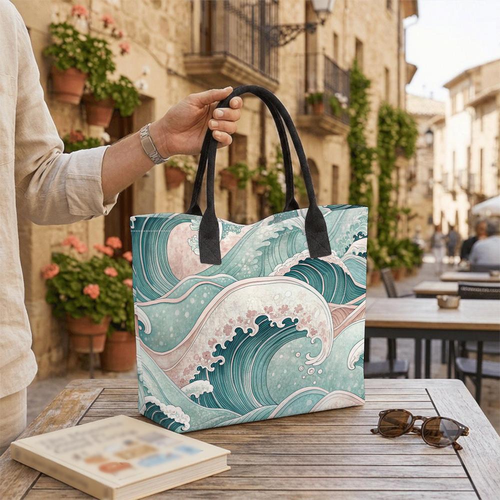 Japanese Wave Pattern Tote Bag Large Capacity Canvas Handbag Stylish Daily Use Shoulder Bag for Women