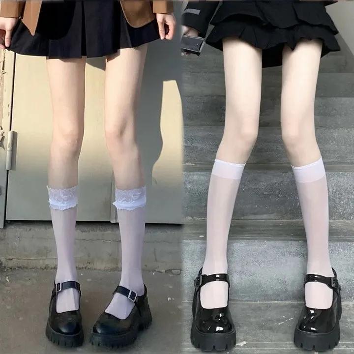 Lolita Summer Nylon Floral Lace Trim Calf Socks Ultra-Thin Transparent Sheer Knee High Socks Jk Girl Women Long Kawaii Stockings