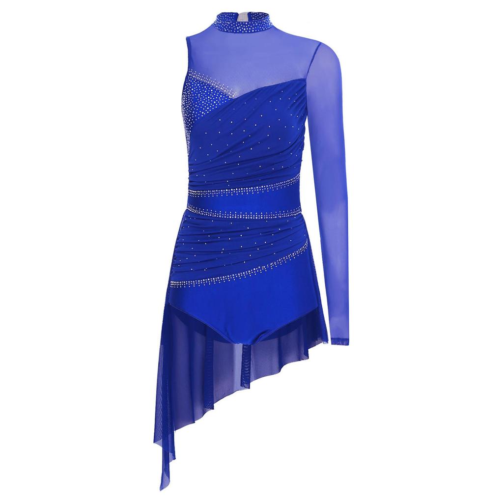 Damen Lyrisches Tanzkostüm Glitzernde Strasssteine Gerafftes Mesh-Overlay Asymmetrischer Rock-Leotard