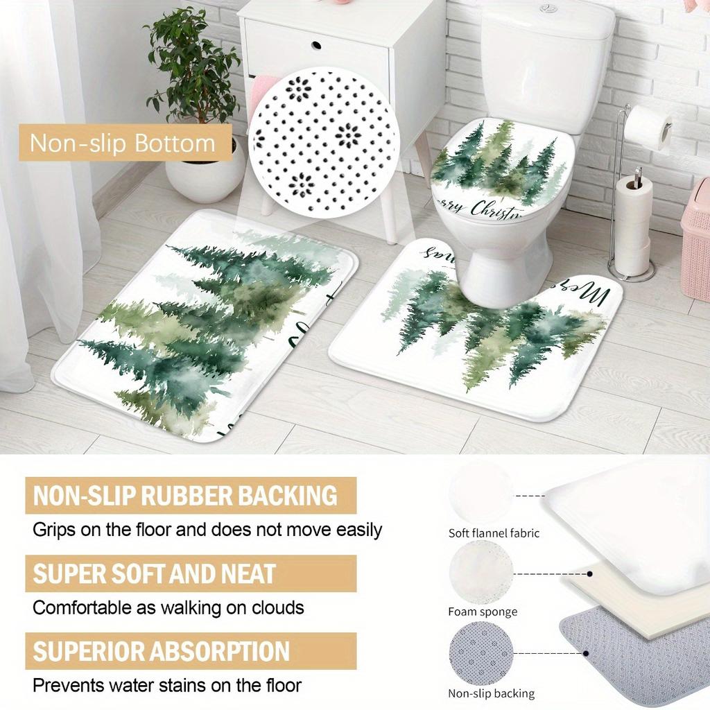 Set Cortină de Duș pentru Baie 4 Bucăți Model Pom de Crăciun Cortină de Baie cu 12 Cârlige Covoare Antiderapante Covoraș pentru Capacul Toaletei Paravan de Baie