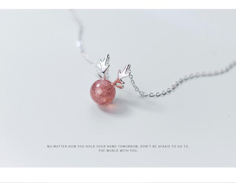 S925 Sterling Silver Antler & Strawberry Crystal Necklace for Women - Fresh, Cute, Simple Clavicle Chain