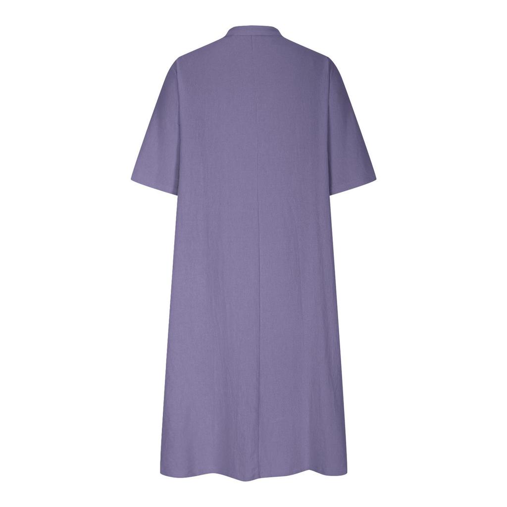 Women's Mid-Length V-Neck Cotton-Linen Dress with Short Sleeves and Three-Button Pockets