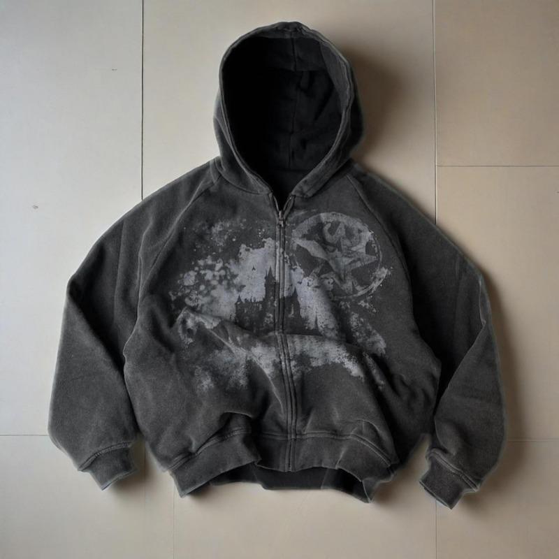 Gothic Punk Style Printed Star Spot Embroidered Zipper Hoodie Men and Women Fashion Harajuku Retro Oversized Bat Sleeve Top